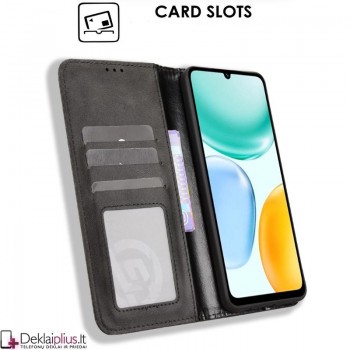 Dirbtinės odos atverčiamas dėklas su skyreliais - juodas (Huawei Honor X5c Plus)